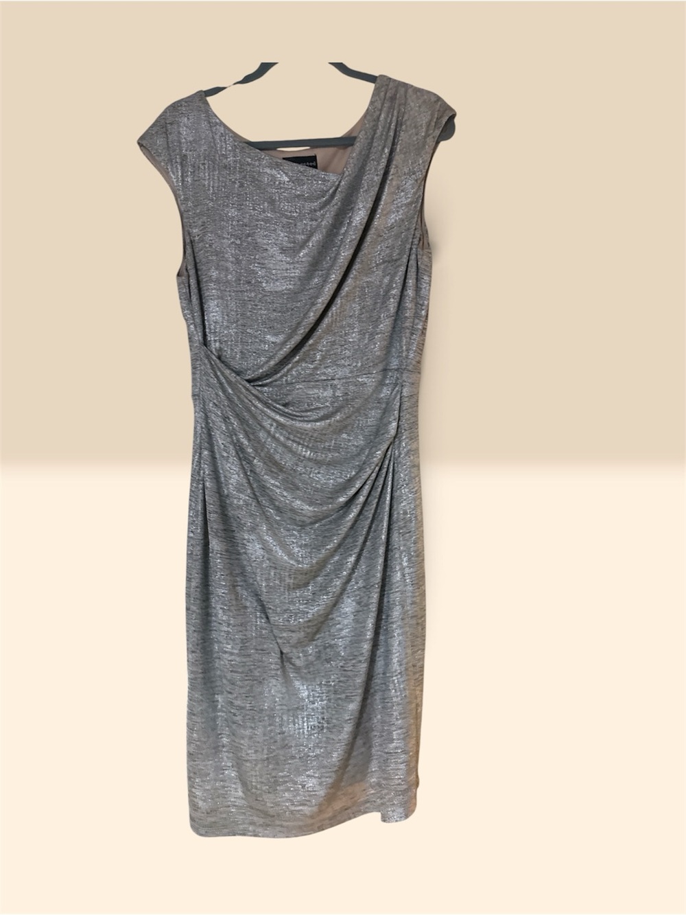 Draped Silver Metallic Cocktail Sheath Dress Side Ruched Waist Slimming size 12